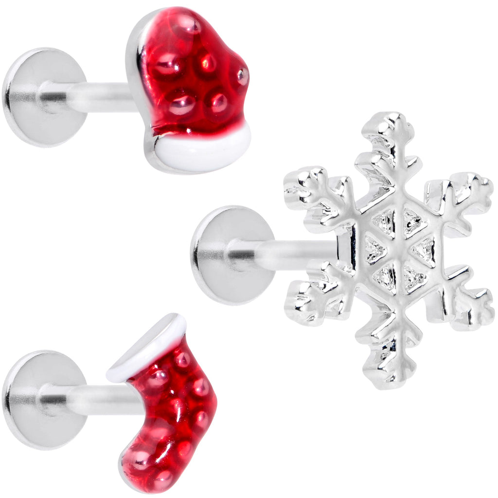 BodyCandy 16G 5/16 Snowflake Mitten Stocking Christmas Labret Set of 3 — main product shot