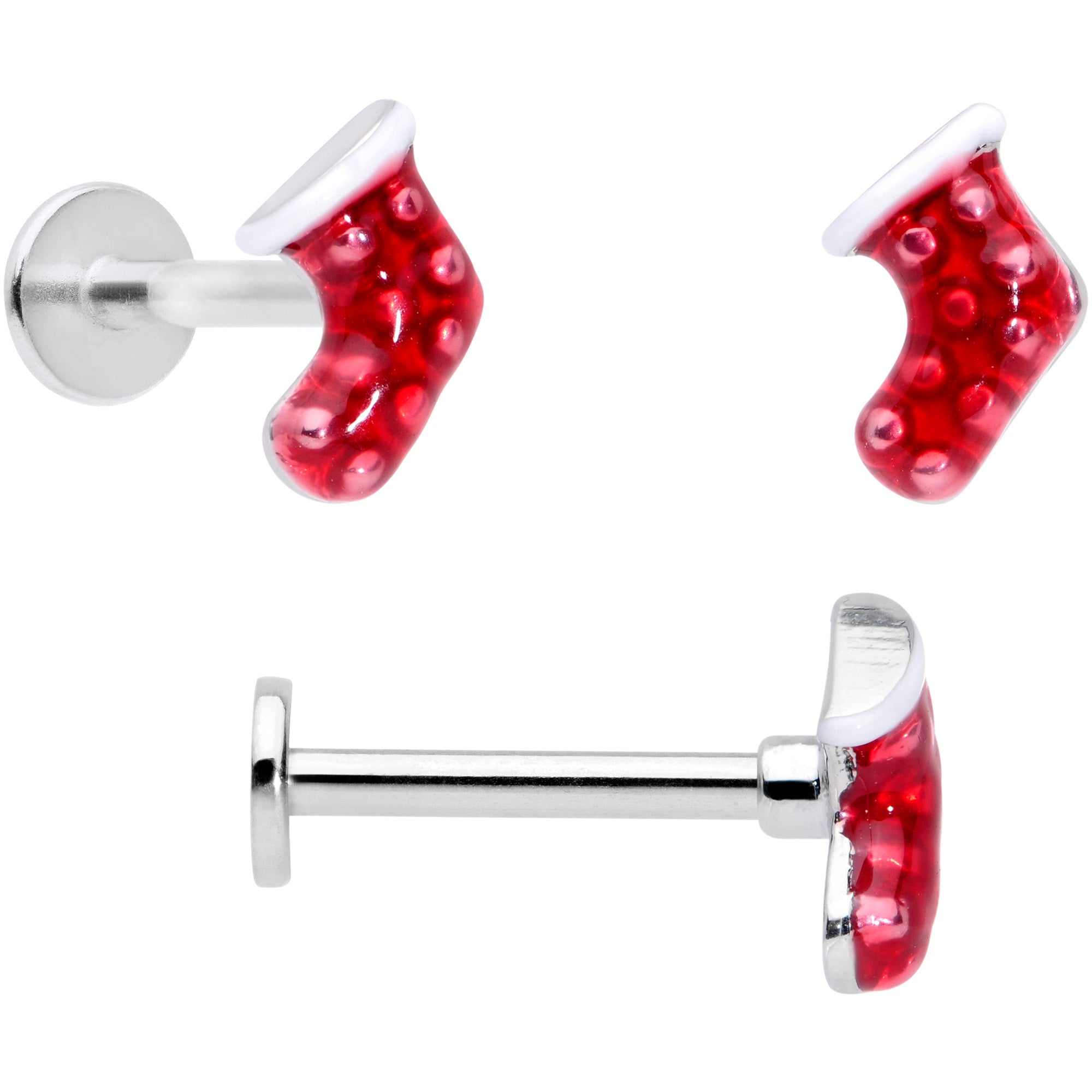 BodyCandy 16G 5/16 Snowflake Mitten Stocking Christmas Labret Set of 3 — side view