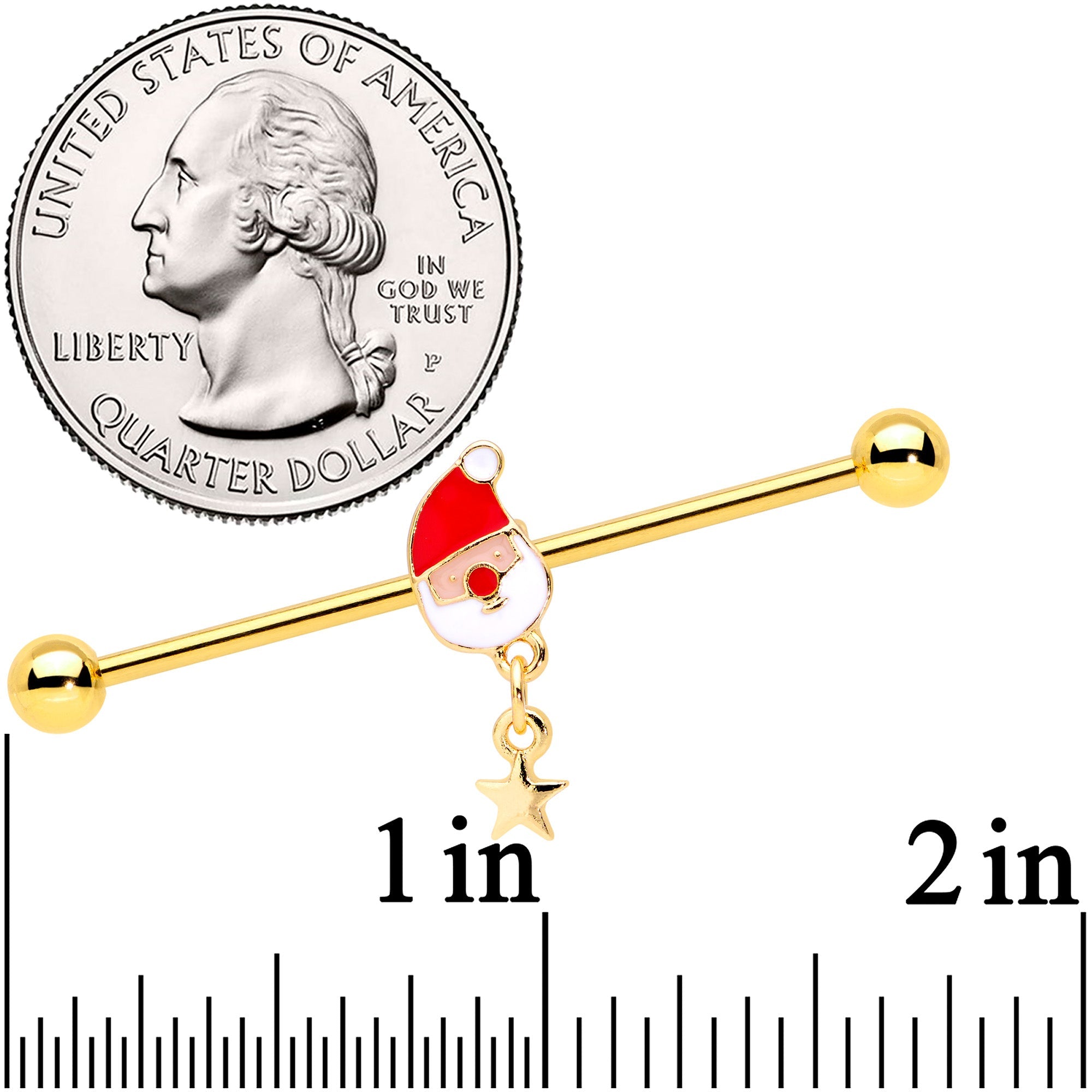 BodyCandy 14G Gold Tone Santa Star Christmas Dangle Industrial Barbell 38mm — detail close-up