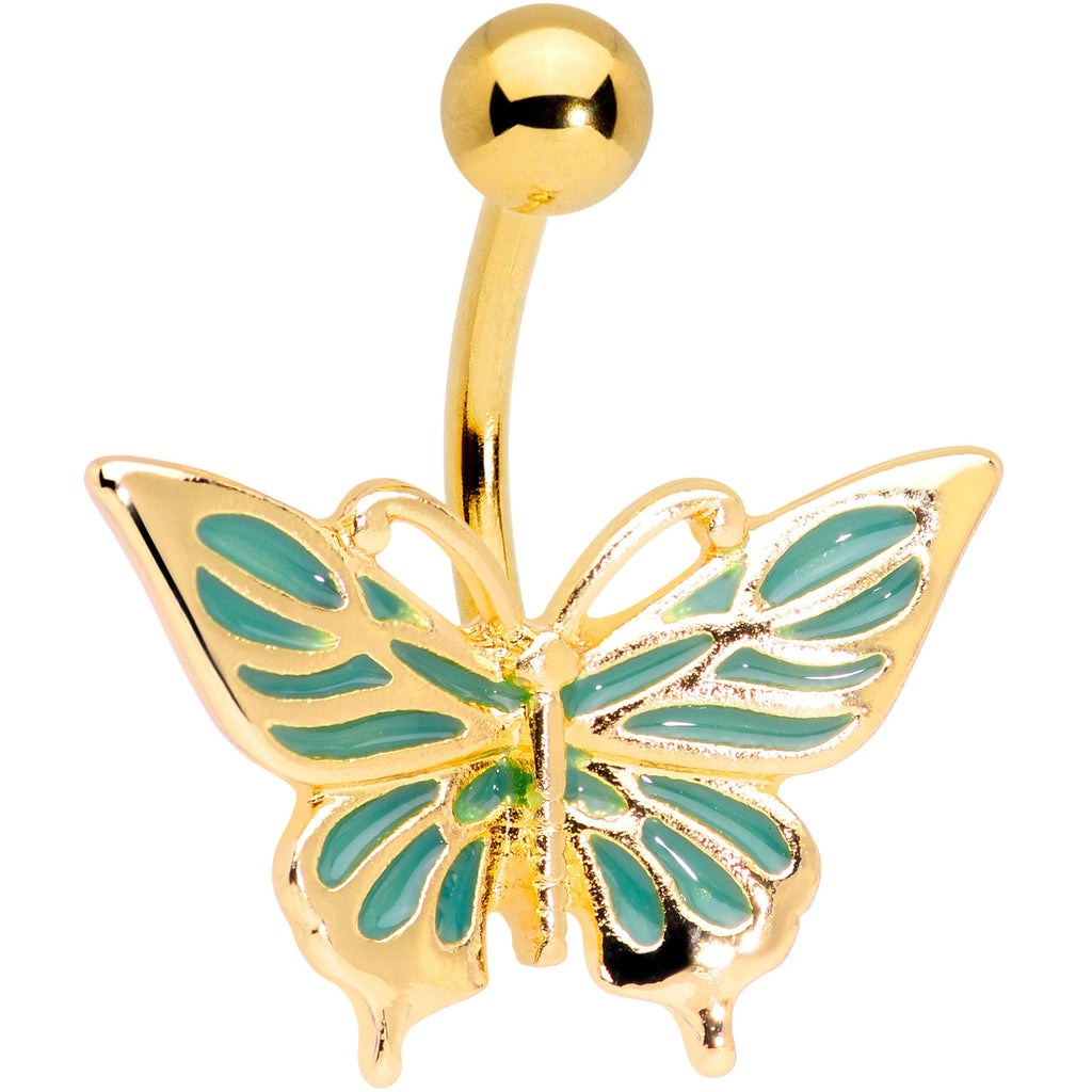 BodyCandy Gold Tone Green Inlay Butterfly Belly Ring — main product shot