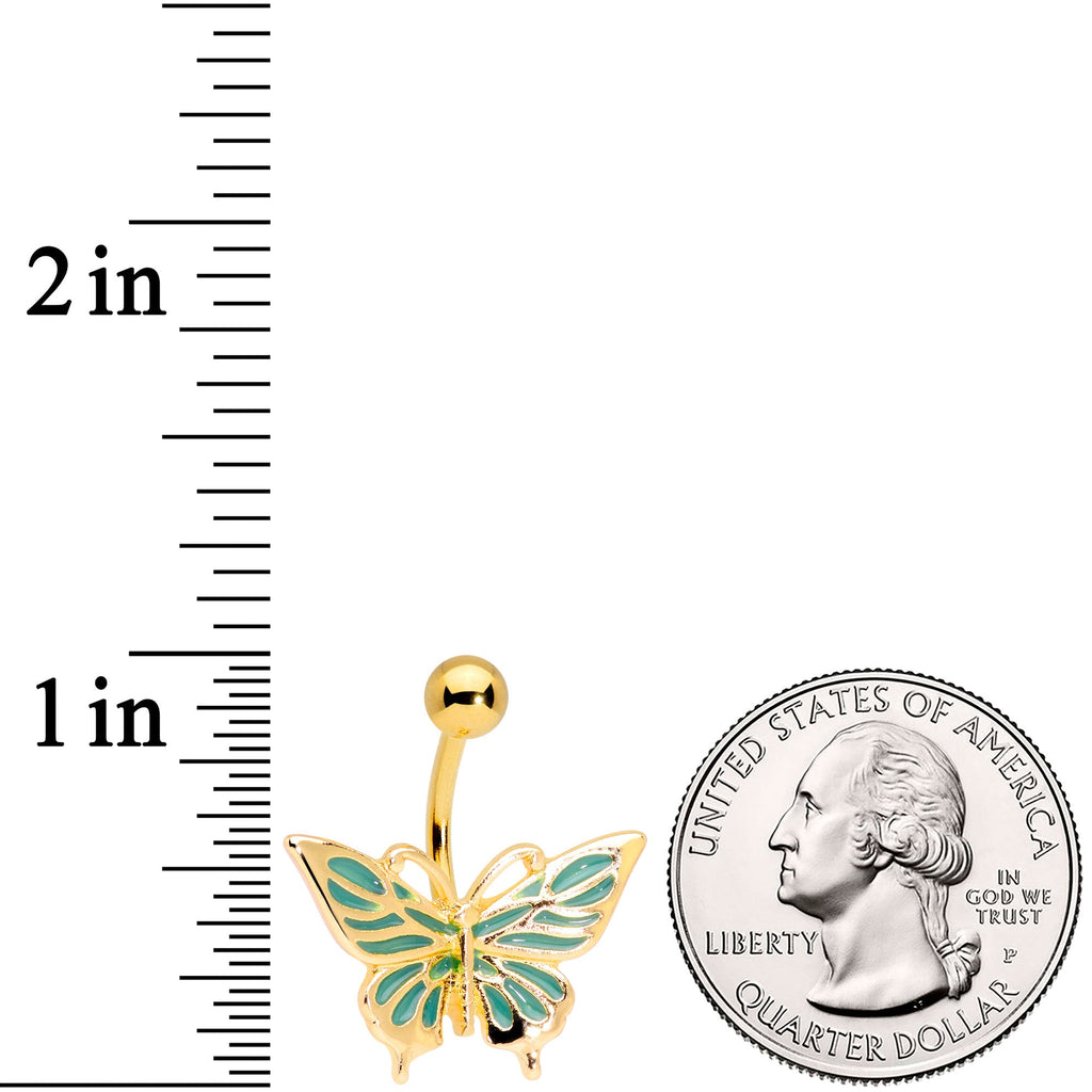 BodyCandy Gold Tone Green Inlay Butterfly Belly Ring — detail close-up