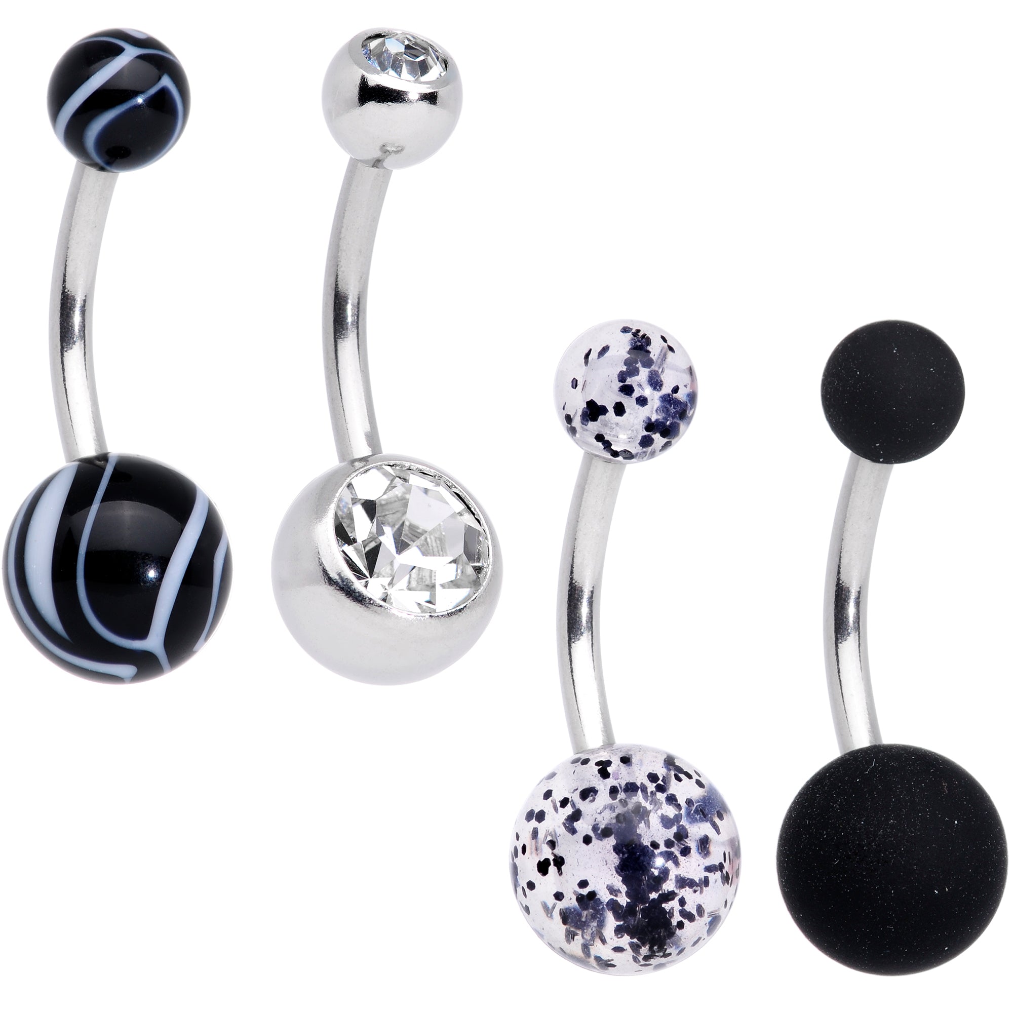 BodyCandy Clear Gem Beauty in Black UV Glow Marbelized Belly Ring Set of 4 — detail close-up