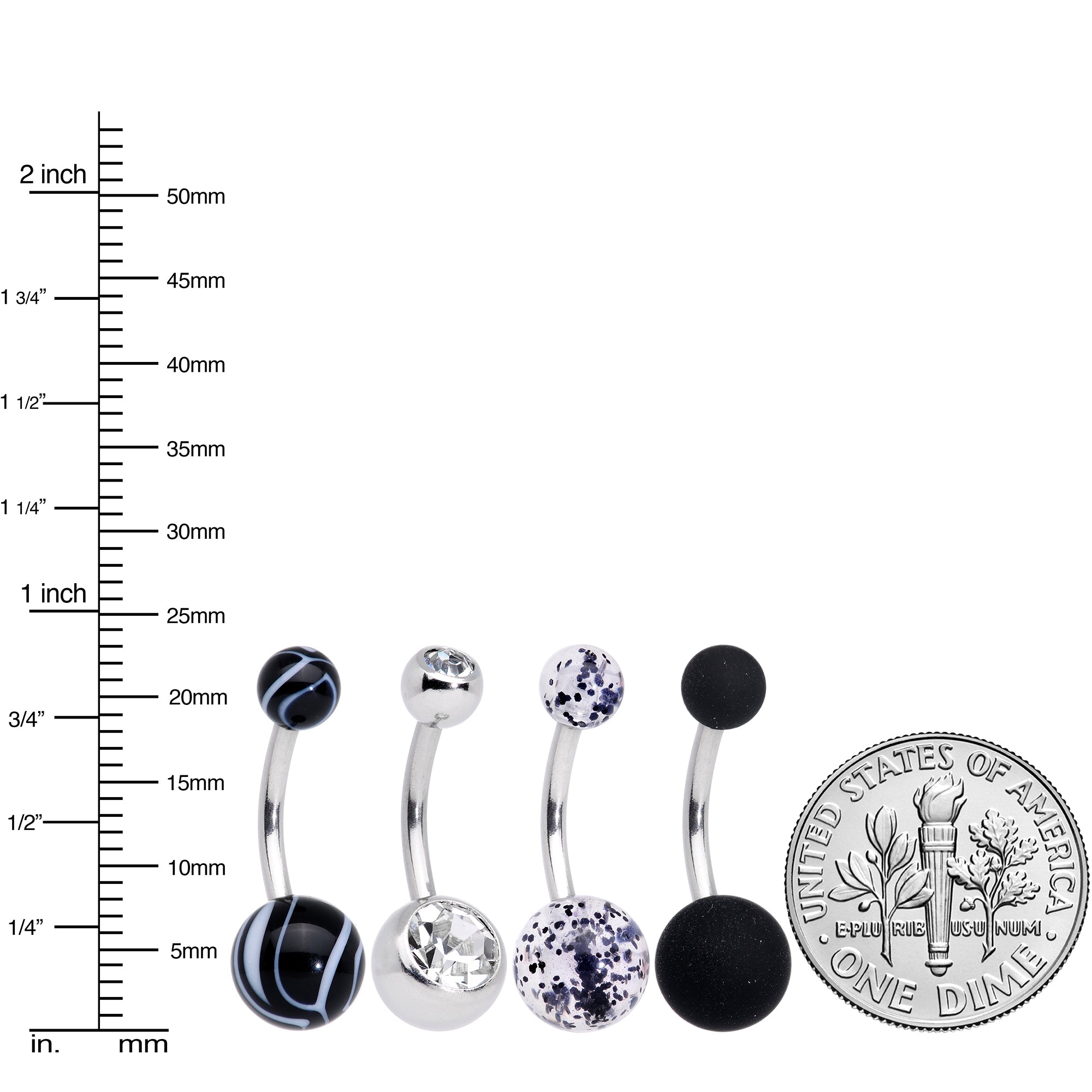 BodyCandy Clear Gem Beauty in Black UV Glow Marbelized Belly Ring Set of 4 — side view