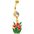 BodyCandy Clear Gem Gold Tone Red Tulip Flowers Dangle Belly Ring — main product shot