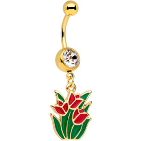 Clear Gem Gold Tone Red Tulip Flowers Dangle Belly Ring
