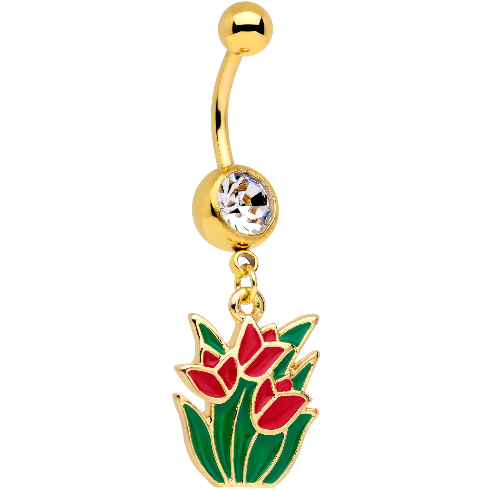 BodyCandy Clear Gem Gold Tone Red Tulip Flowers Dangle Belly Ring — main product shot