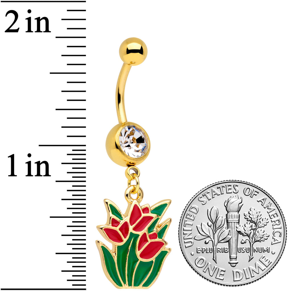 BodyCandy Clear Gem Gold Tone Red Tulip Flowers Dangle Belly Ring — detail close-up