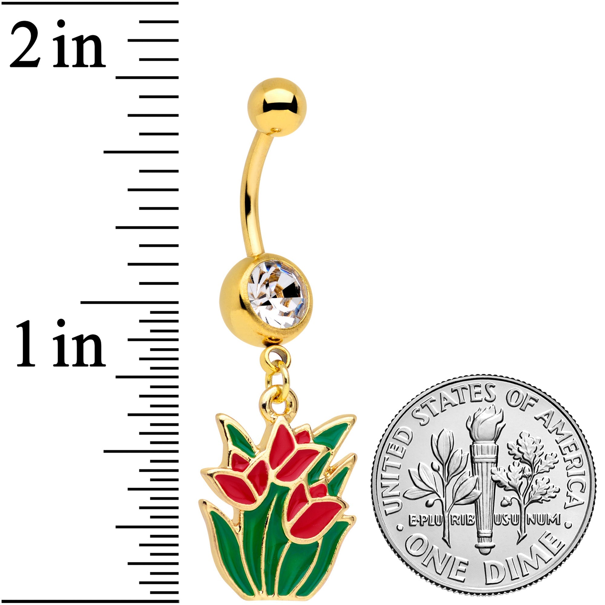 BodyCandy Clear Gem Gold Tone Red Tulip Flowers Dangle Belly Ring — detail close-up