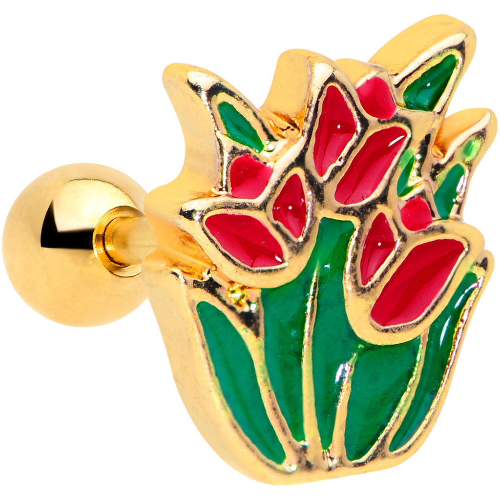 BodyCandy 16G 1/4 Gold Tone Springtime Red Tulip Flower Cartilage Earring — main product shot