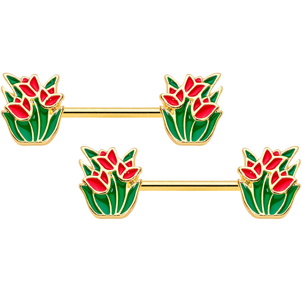 BodyCandy 14G 9/16 Gold Tone Red Tulip Flowers Barbell Nipple Ring Set — main product shot
