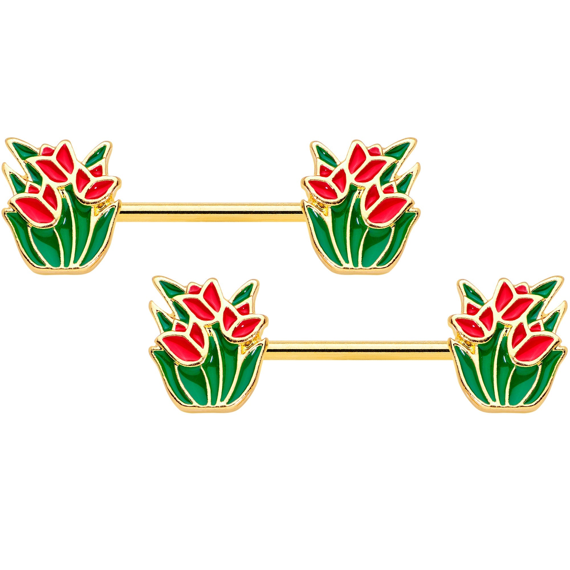 BodyCandy 14G 9/16 Gold Tone Red Tulip Flowers Barbell Nipple Ring Set — main product shot