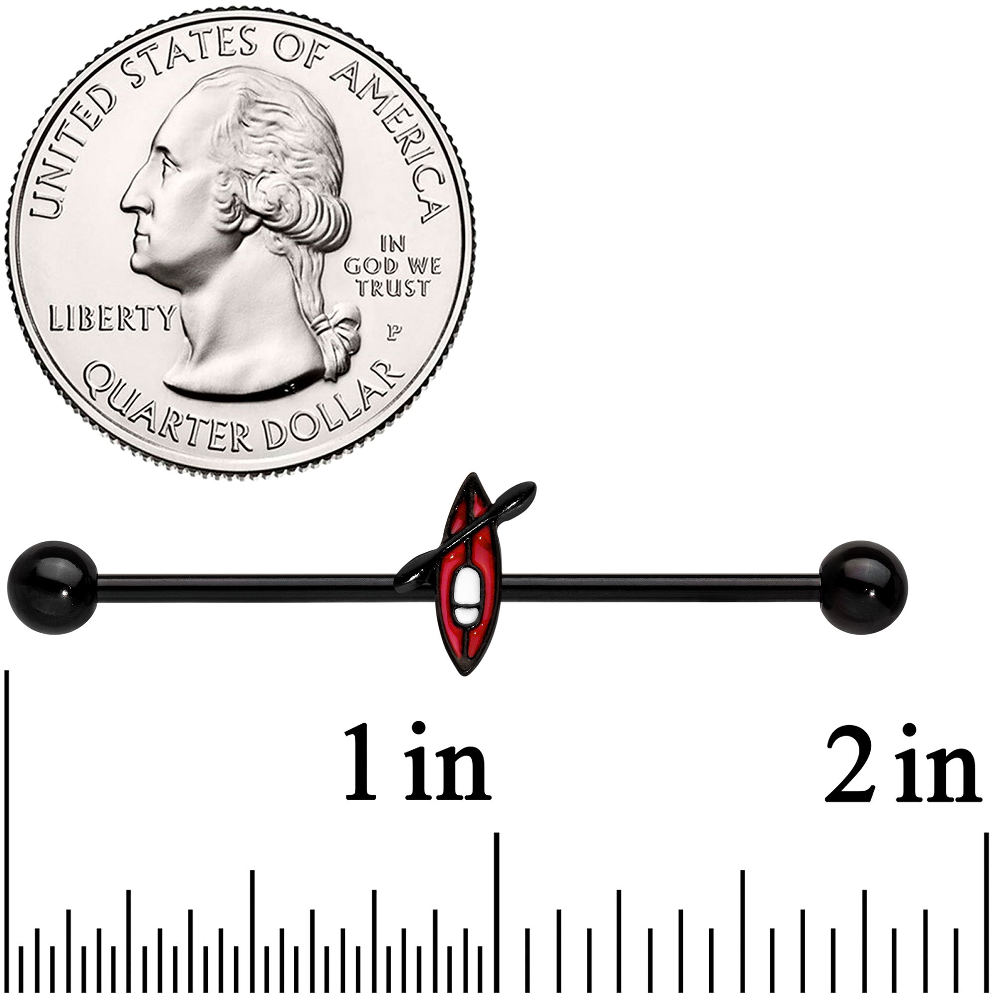 BodyCandy 14G Black Red Summer Kayak Boat Industrial Barbell 38mm — detail close-up