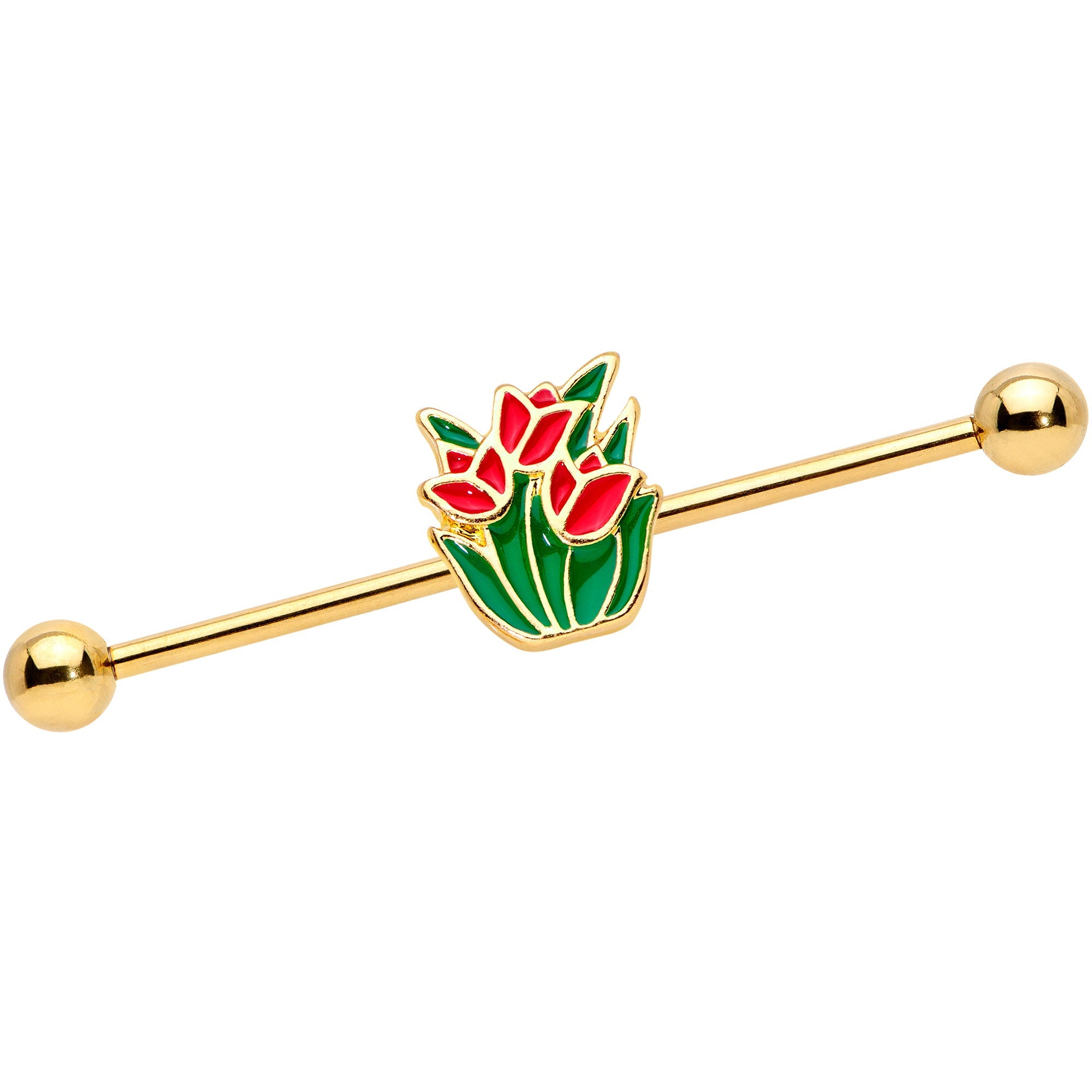 BodyCandy 14G Gold Tone Red Tulip Flowers Industrial Barbell 38mm — main product shot