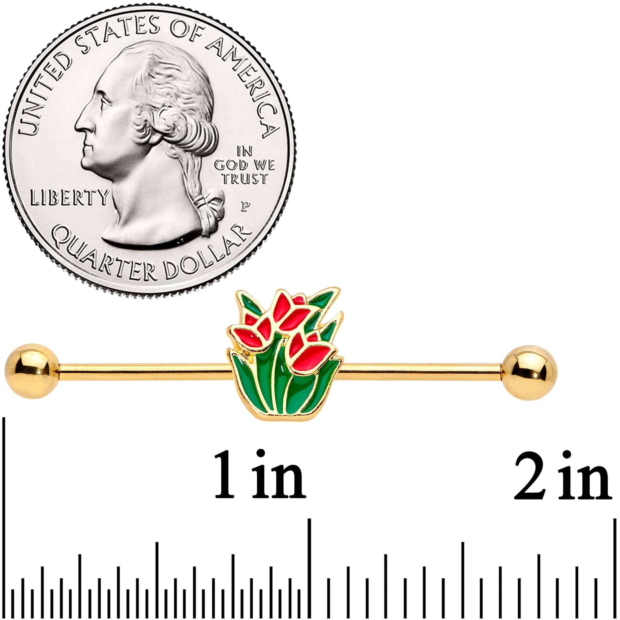 BodyCandy 14G Gold Tone Red Tulip Flowers Industrial Barbell 38mm — detail close-up