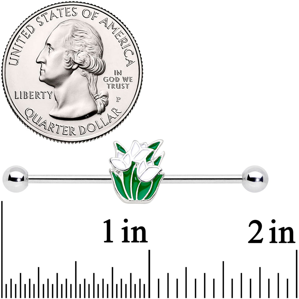 BodyCandy 14G Spring White Tulip Flower Industrial Barbell 38mm — detail close-up