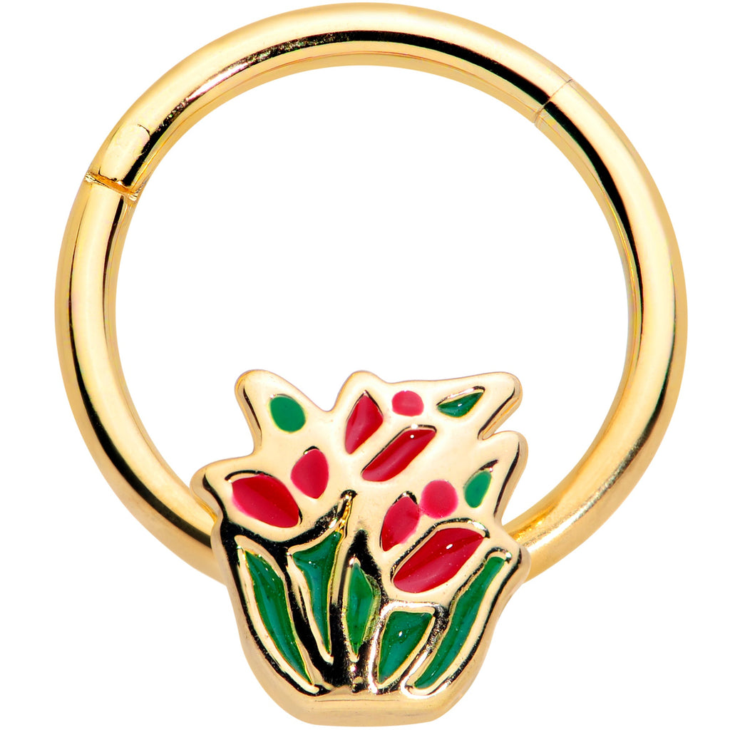BodyCandy 16G 3/8 Gold Tone Springtime Red Tulip Flower Hinged Segment Ring — main product shot