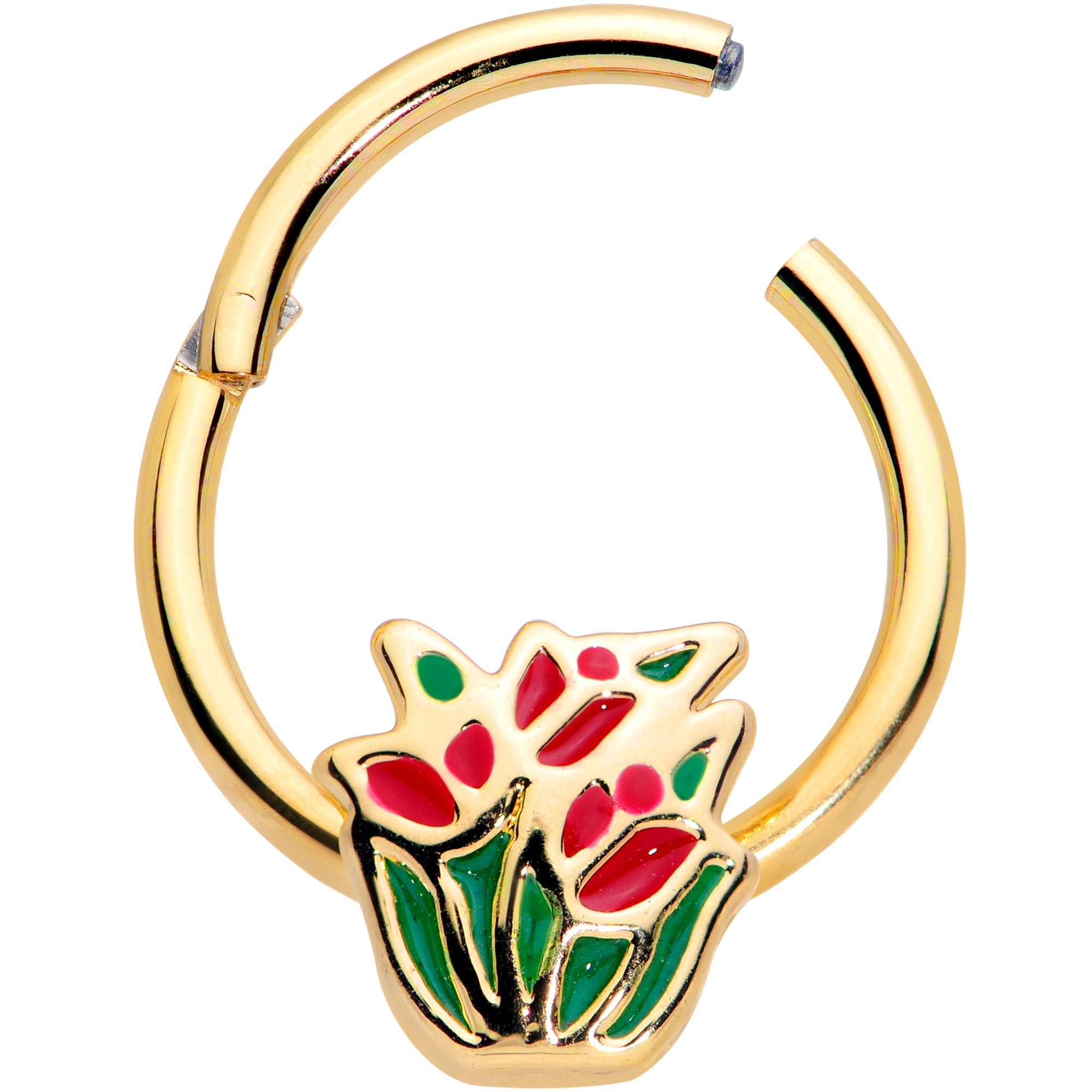 BodyCandy 16G 3/8 Gold Tone Springtime Red Tulip Flower Hinged Segment Ring — detail close-up