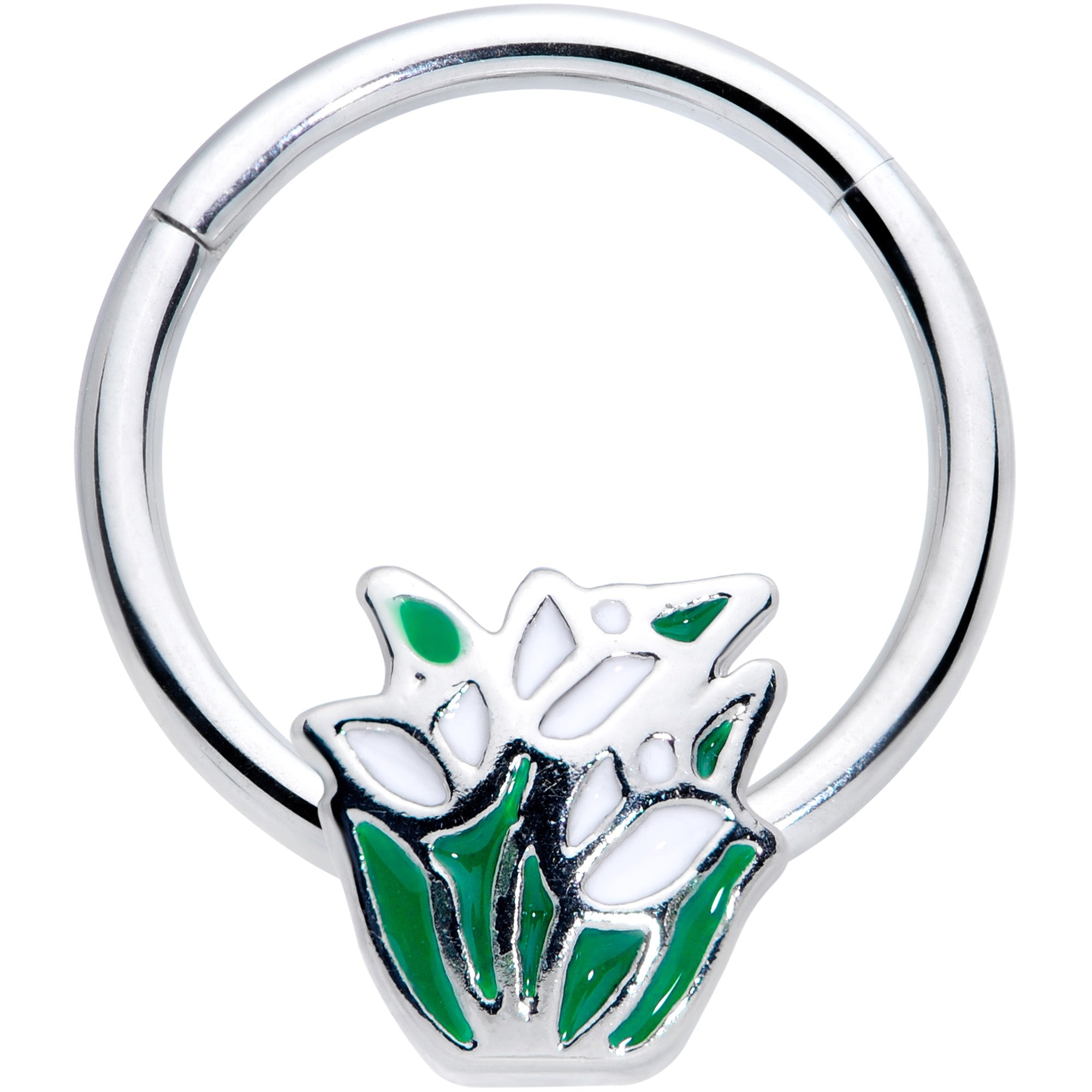 BodyCandy 16G 3/8 Springtime White Tulip Flowers Hinged Segment Ring — main product shot