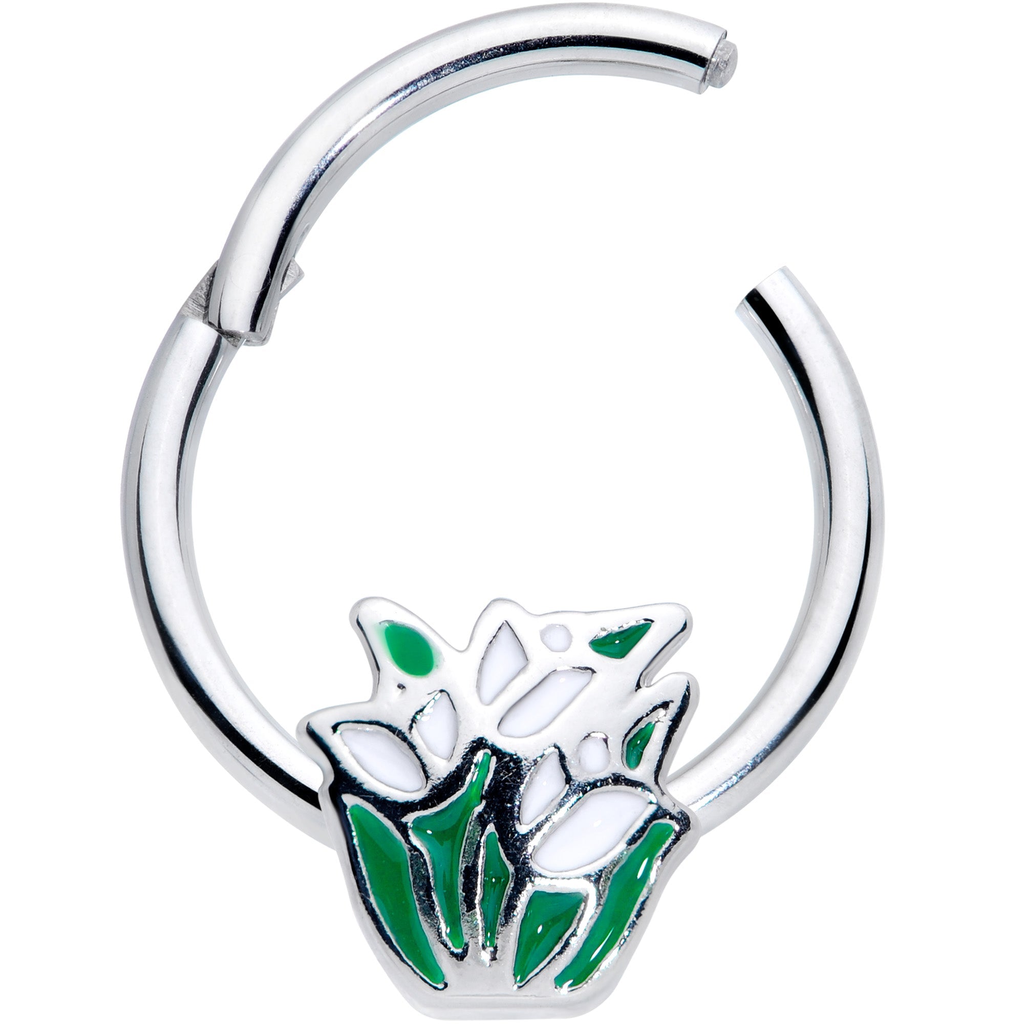 BodyCandy 16G 3/8 Springtime White Tulip Flowers Hinged Segment Ring — detail close-up