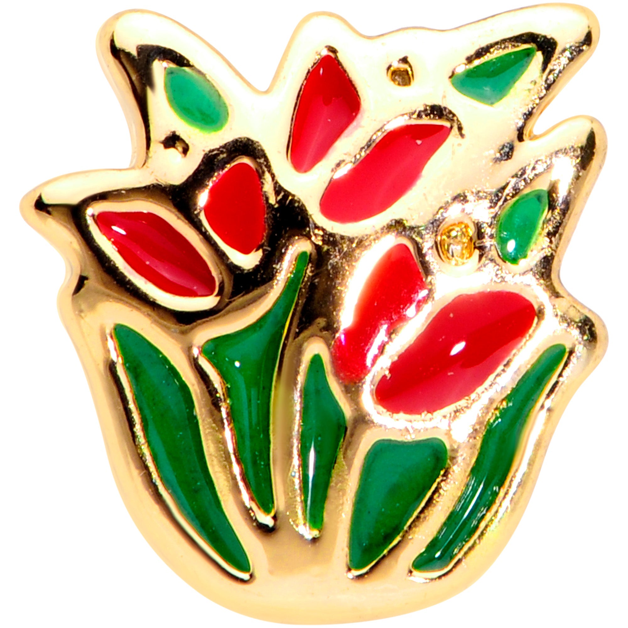 BodyCandy 20G 1/4 Gold Tone Springtime Red Tulip Flowers Nose Bone — detail close-up