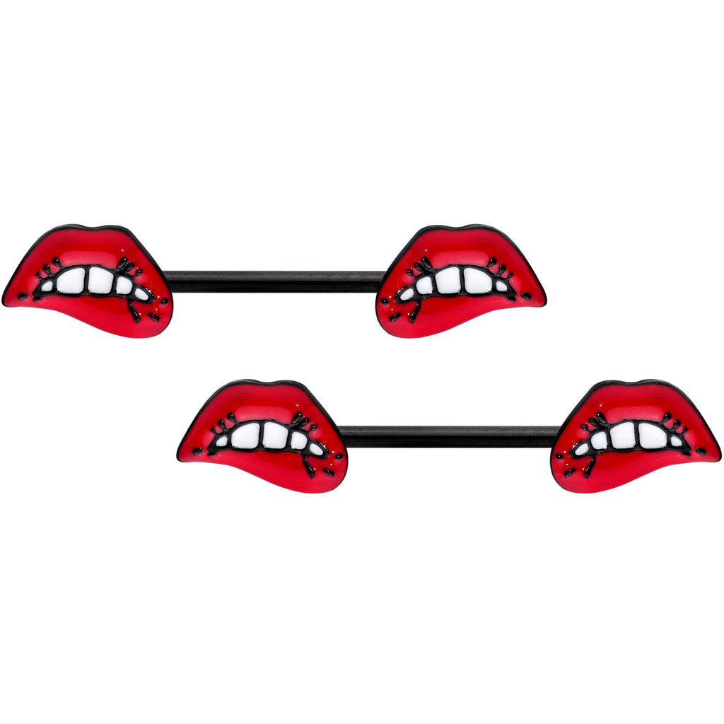 BodyCandy 14G 9/16 Black Red Sneering Bite Lips Barbell Nipple Ring Set — main product shot