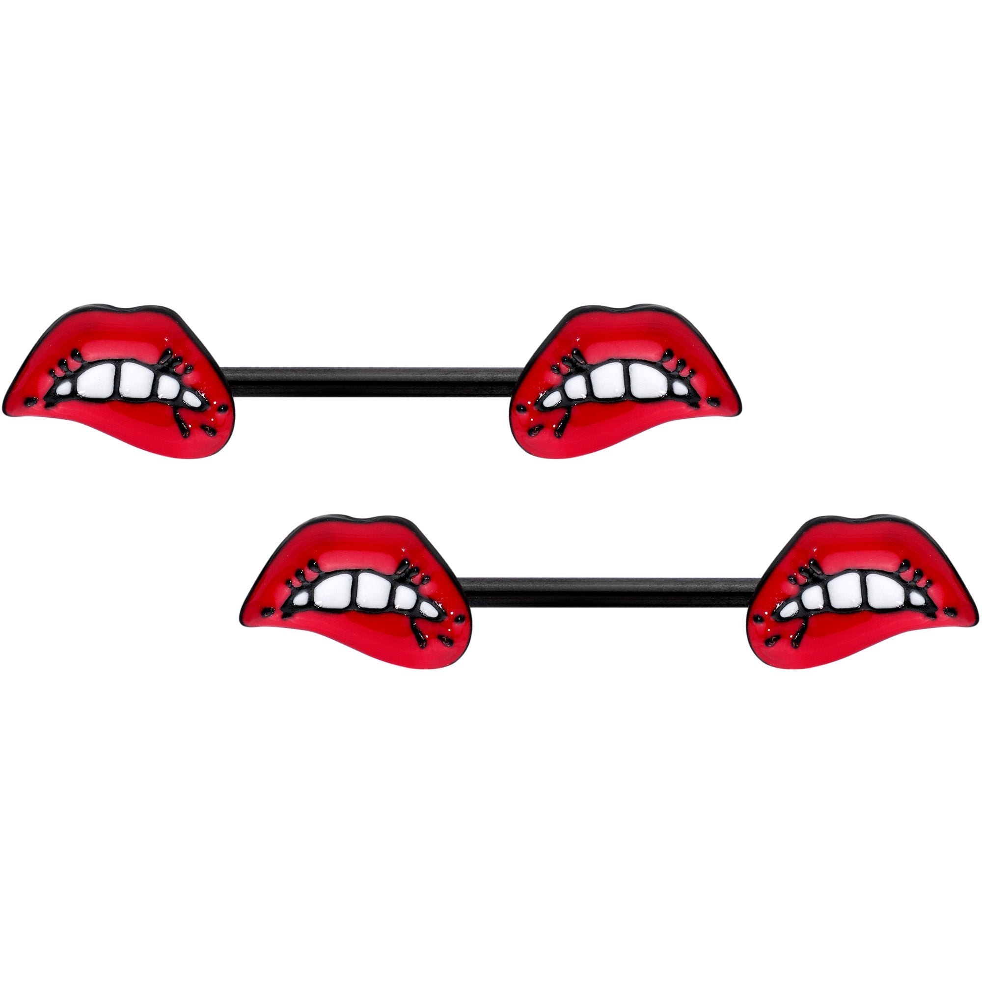 BodyCandy 14G 9/16 Black Red Sneering Bite Lips Barbell Nipple Ring Set — main product shot