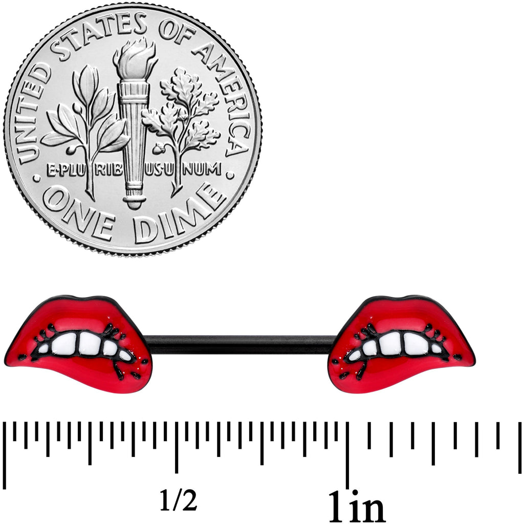 BodyCandy 14G 9/16 Black Red Sneering Bite Lips Barbell Nipple Ring Set — detail close-up