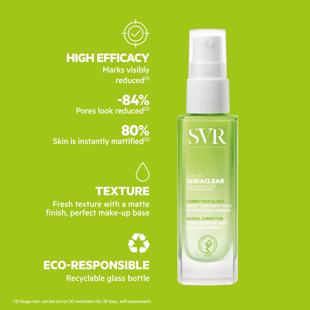 SVR Sebiaclear Serum 30ml - Non-Comedogenic Skincare for Oily Skin, Hypoallergenic Serum with Gluconolactone & Salicylic Acid