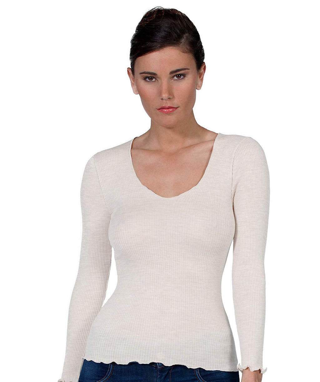tittimitti EGI Luxury Wool Silk V-Neck Long Sleeve Top. Proudly Made in Italy (1493) — detail close-up