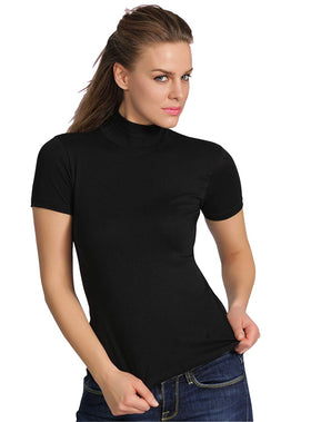 BASIC COTTON Free Spirit Premium Quality Cotton Women's Mock-Neck Short Sleeve Shirt Made in Italy (676)