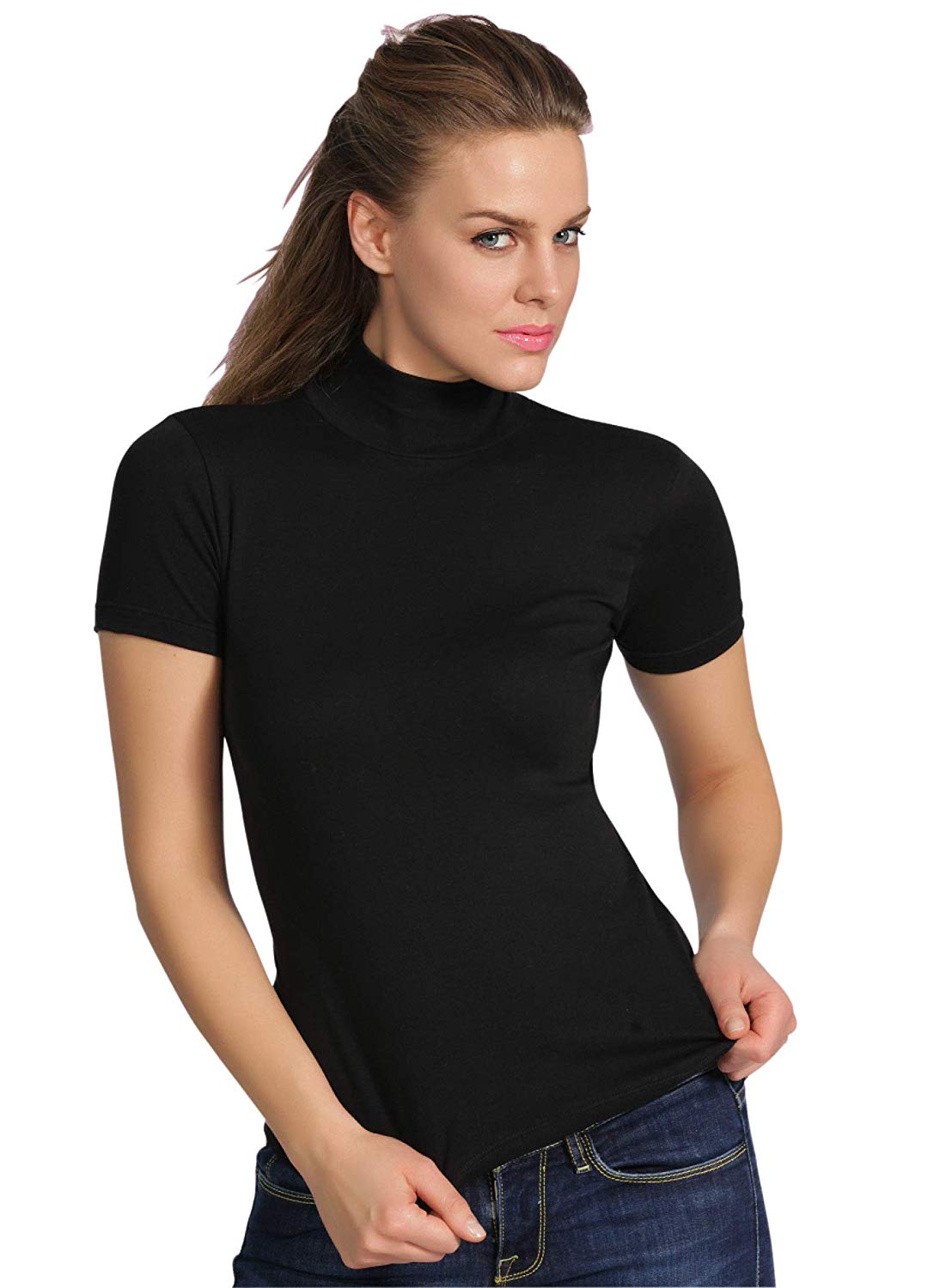 BASIC COTTON Free Spirit Premium Quality Cotton Women's Turtleneck Short Sleeve Shirt Made in Italy (676)