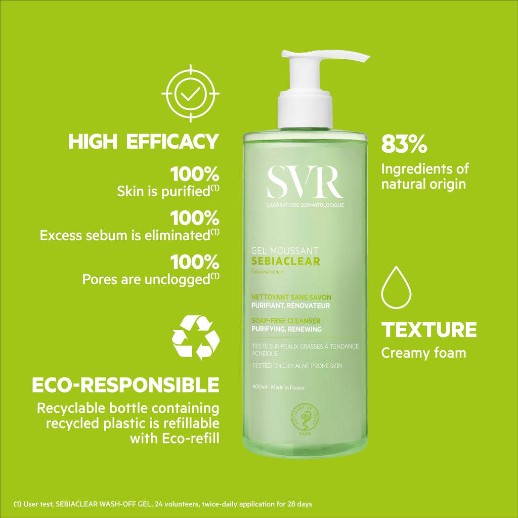 SVR Sebiaclear Gel Moussant 400ml - Gentle Facial Cleansing Gel for Oily & Sensitive Skin