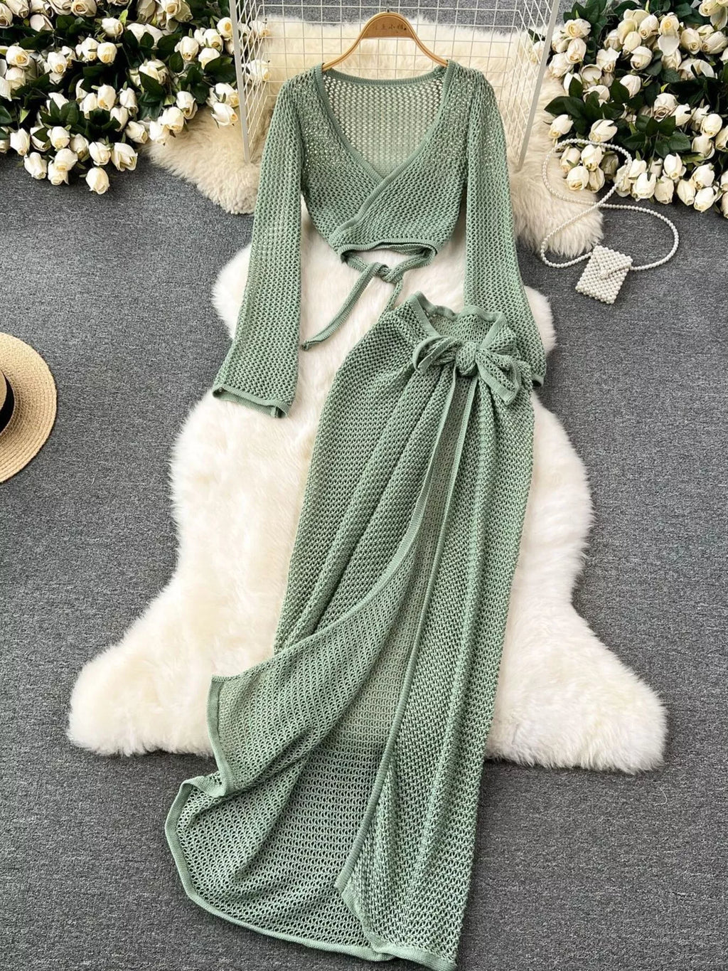 Knitted Crop Top and Slit Skirt Set