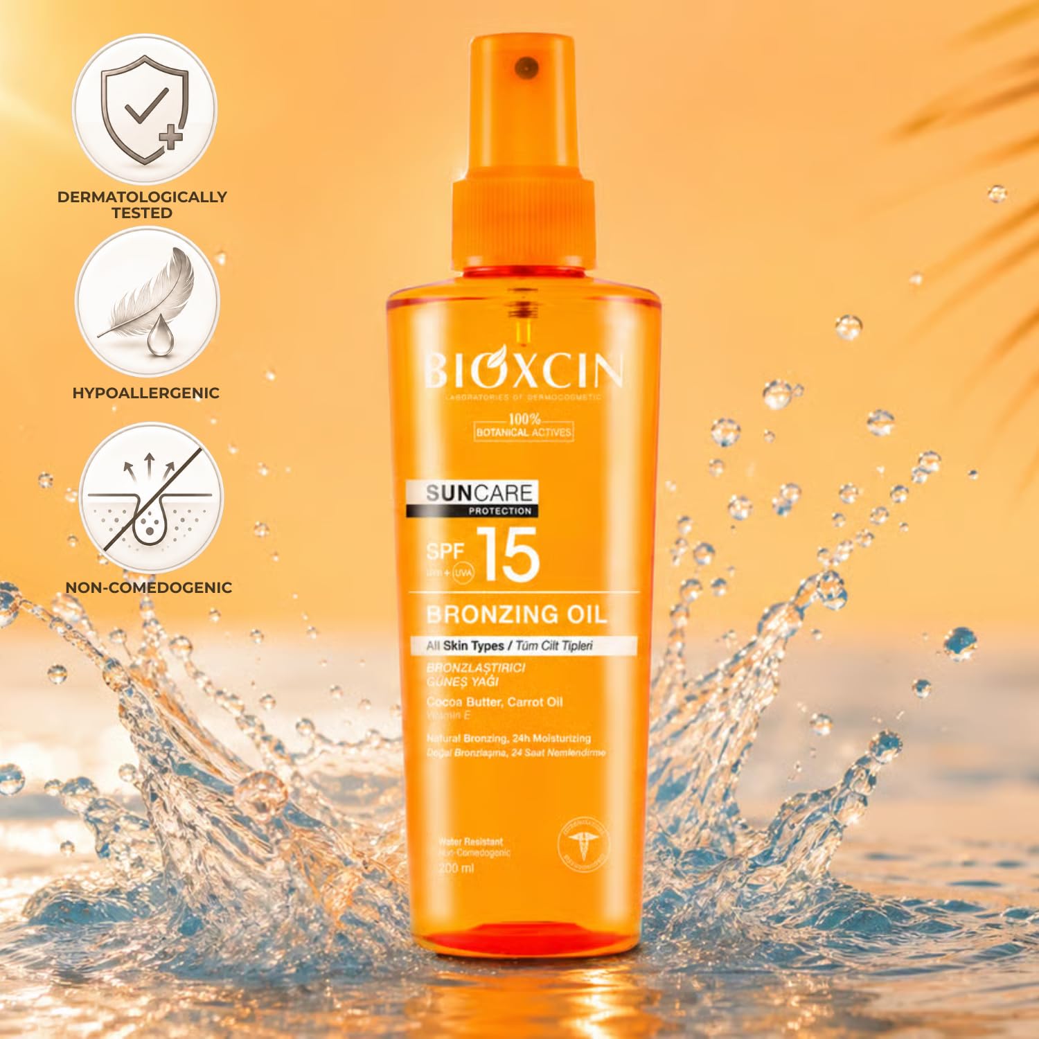 Bioxcin Suncare Tanning Sun Oil SPF15 - Natural Tanning Oil for All Skin Types
