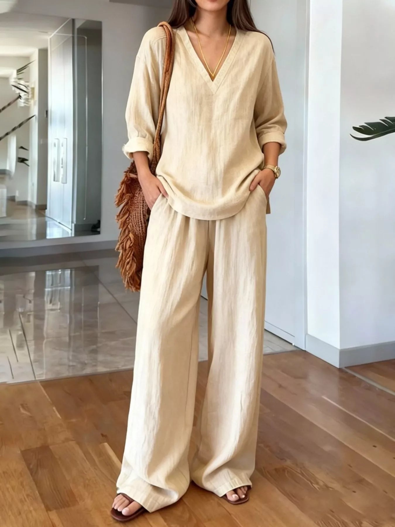 V-Neck Top and Wide-Leg Pants Set