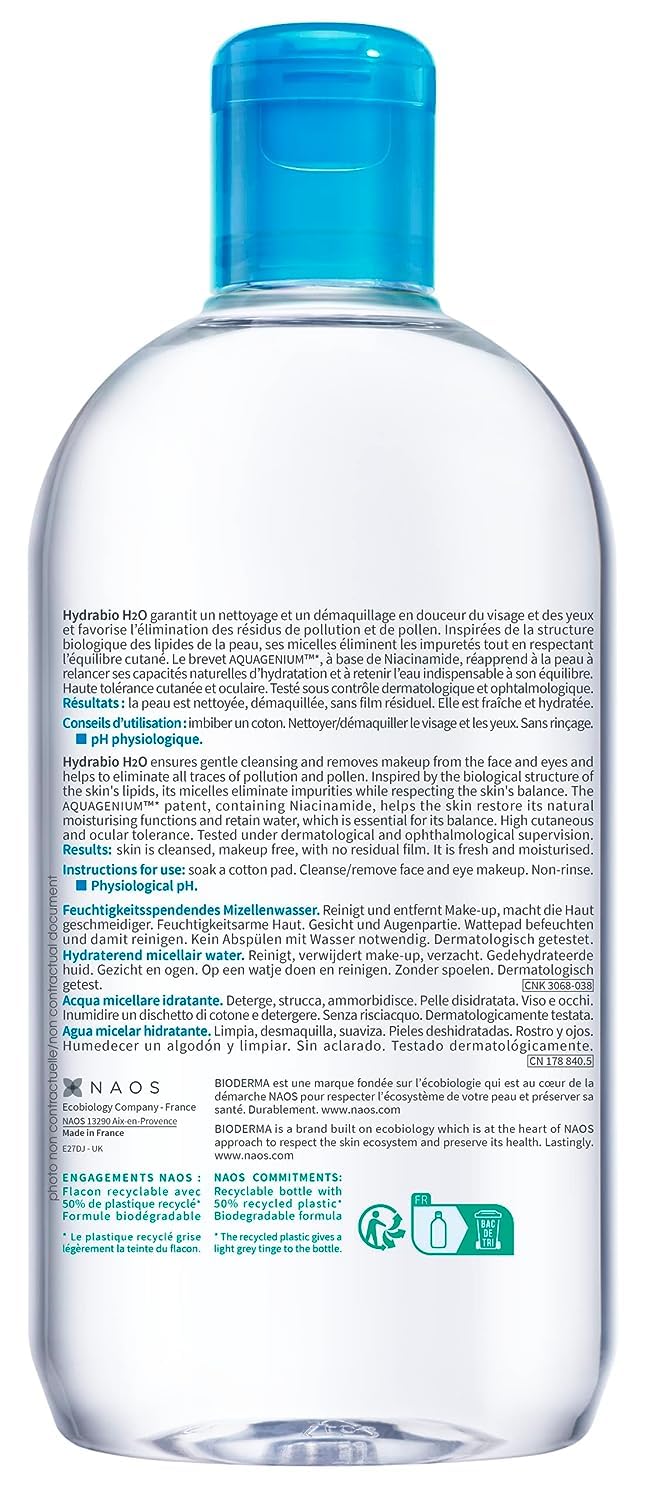 Bioderma Hydrabio H2O Micellar Water for Hydration and Makeup Removal, Fragrance-Free Skincare, 2x500ml