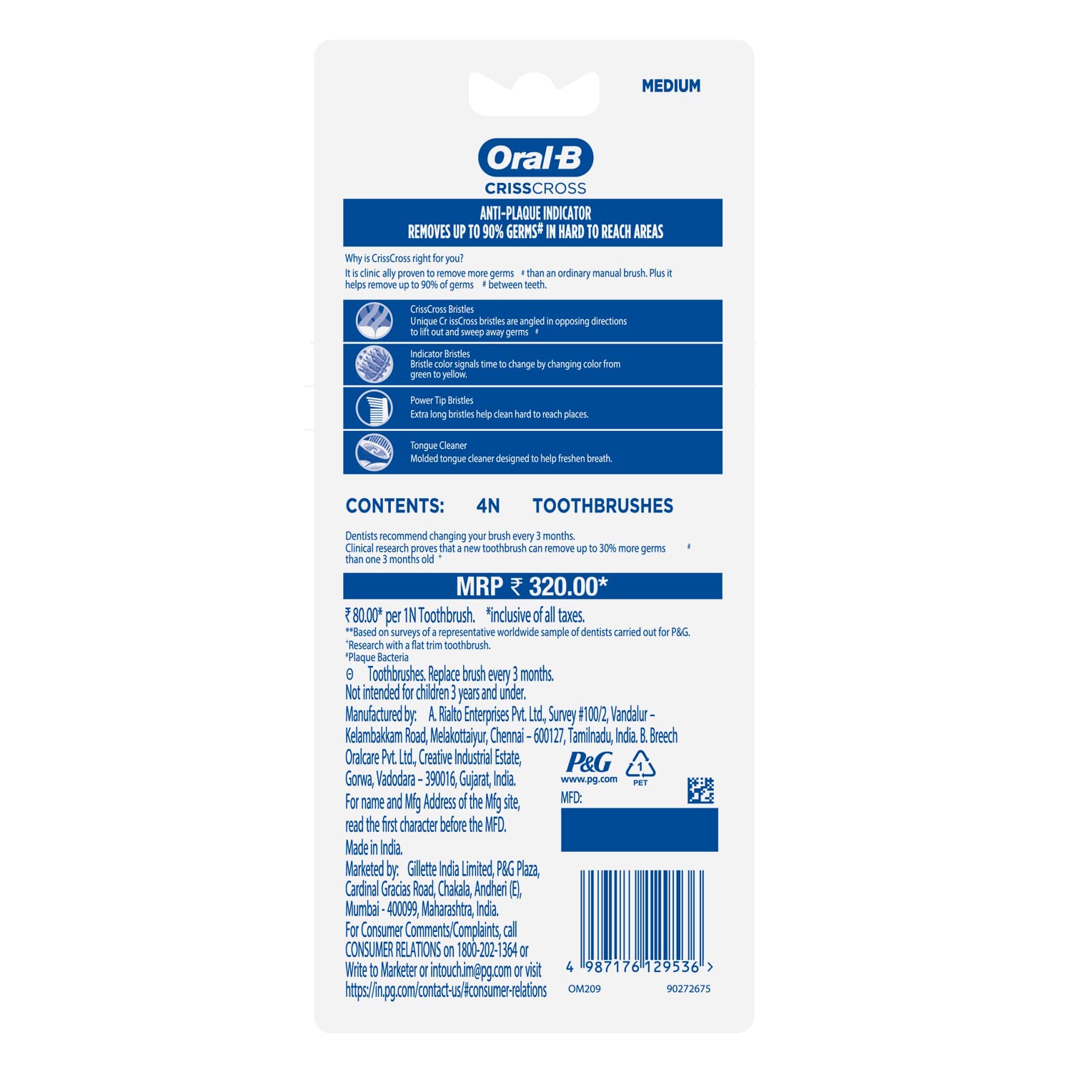 Oral-B Manual Toothbrush Medium Bristle 1+1 Pack - Effective Oral Hygiene for Daily Cleaning