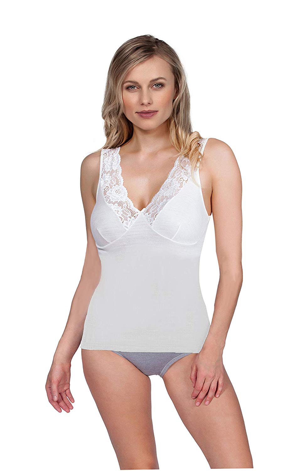 tittimitti MaRe Luxury Merino Wool Blend V-Neck Top with Lace Trim. Proudly Made in Italy. — main product shot