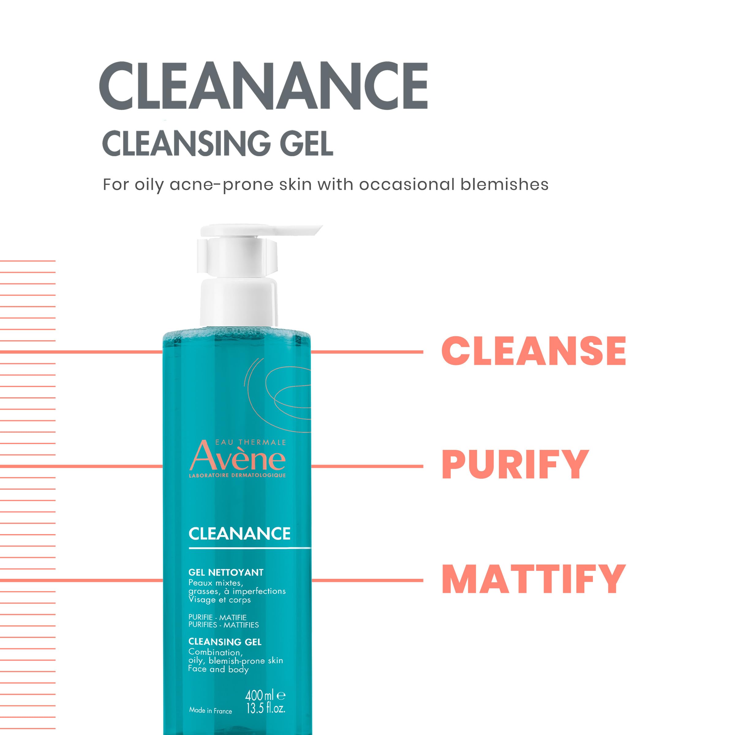 Avene Cleanance Cleansing Gel for Combination/Oily Skin - Gentle, Non-comedogenic, 13.53 fl oz