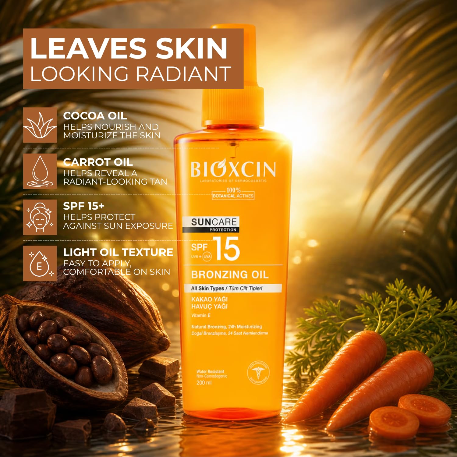 Bioxcin Suncare Tanning Sun Oil SPF15 - Natural Tanning Oil for All Skin Types