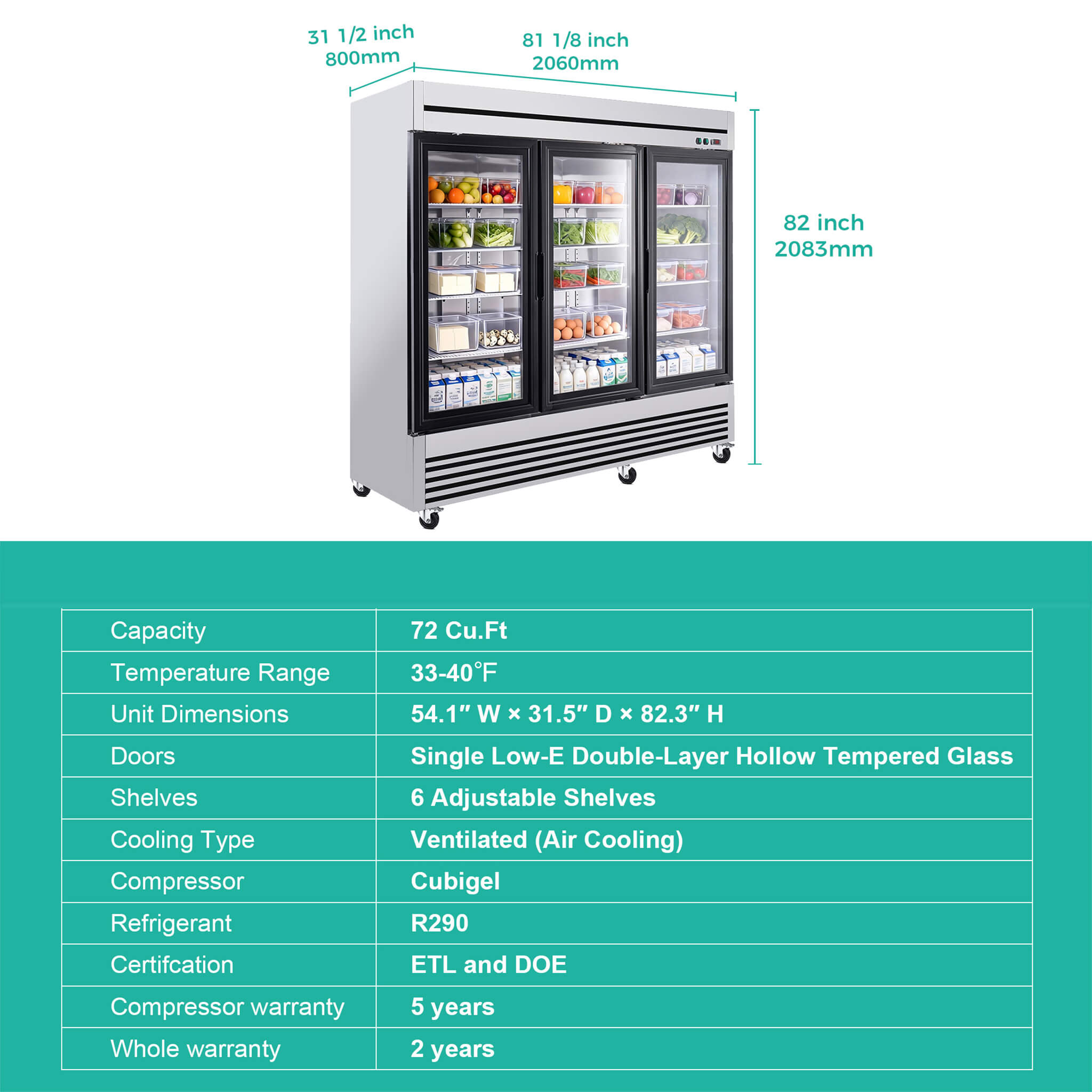 72 Cu.Ft Triple-Door Stainless Steel Commercial Reach-In Display Refrigerator (SAK26394) – SAKSBY WHOLESALE, view 11