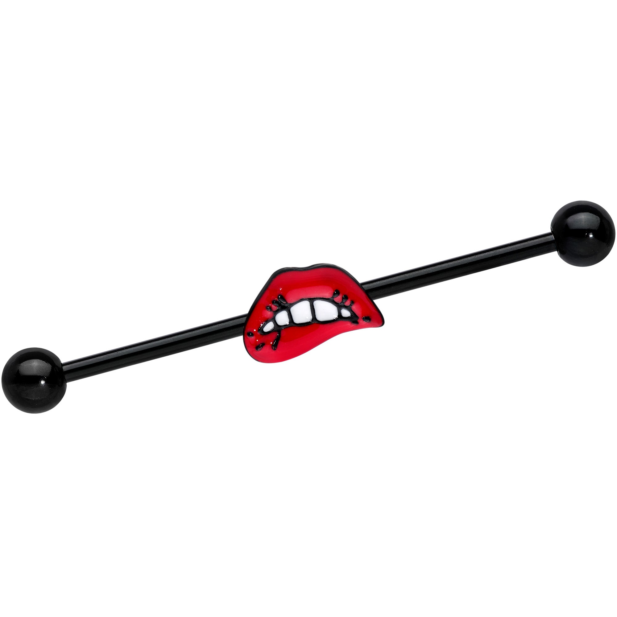 BodyCandy 14G Black Red Sneering Bite Lips Industrial Barbell 38mm — main product shot