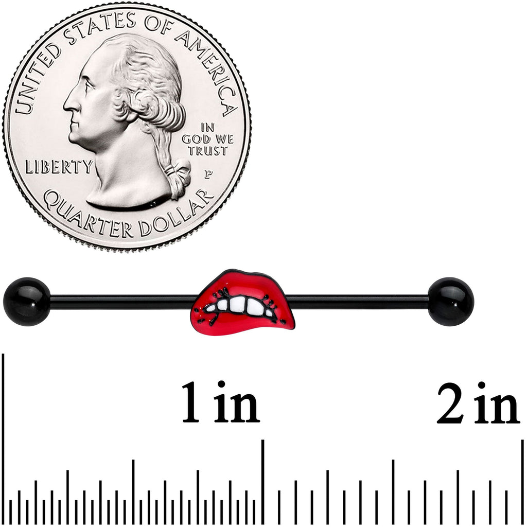 BodyCandy 14G Black Red Sneering Bite Lips Industrial Barbell 38mm — detail close-up