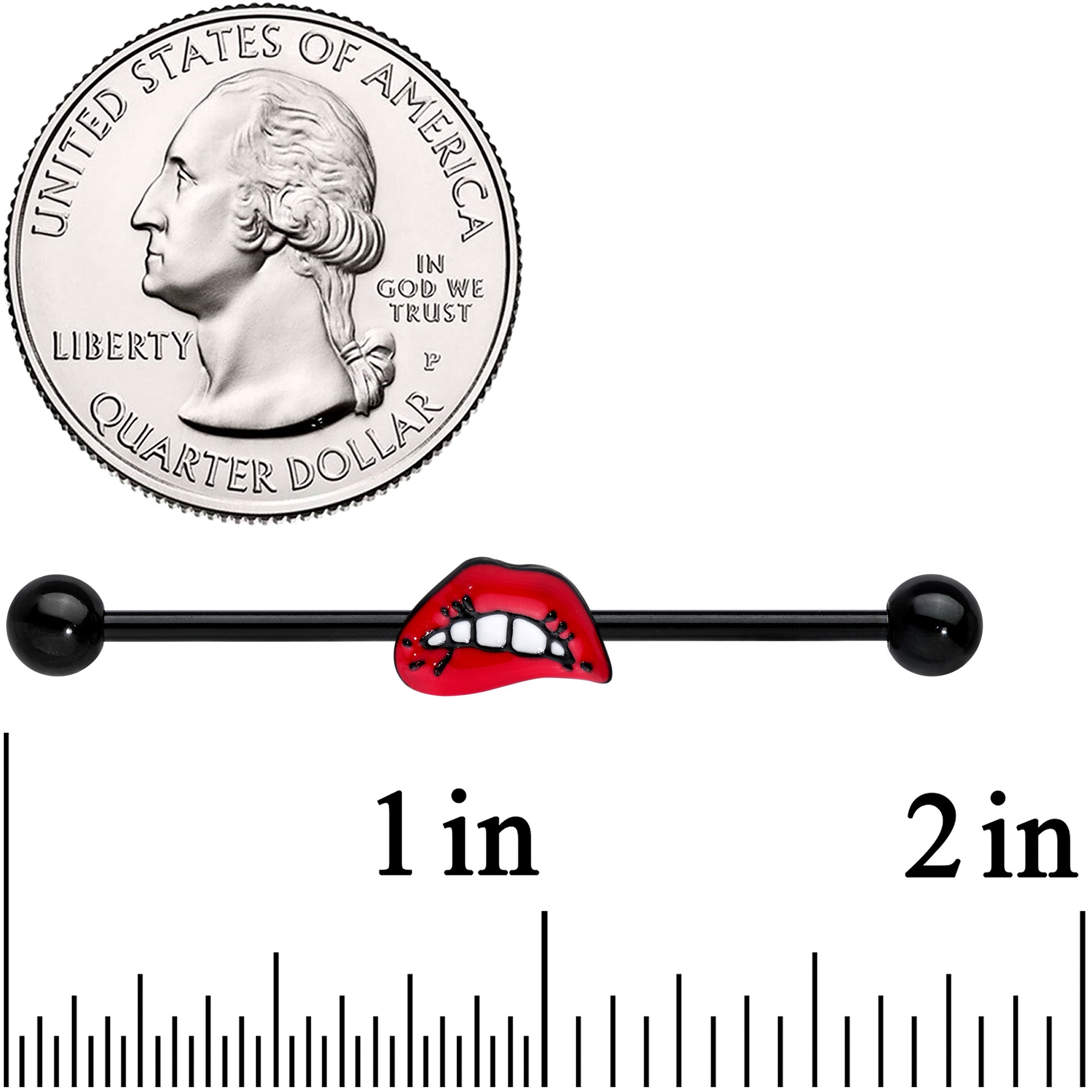 BodyCandy 14G Black Red Sneering Bite Lips Industrial Barbell 38mm — detail close-up