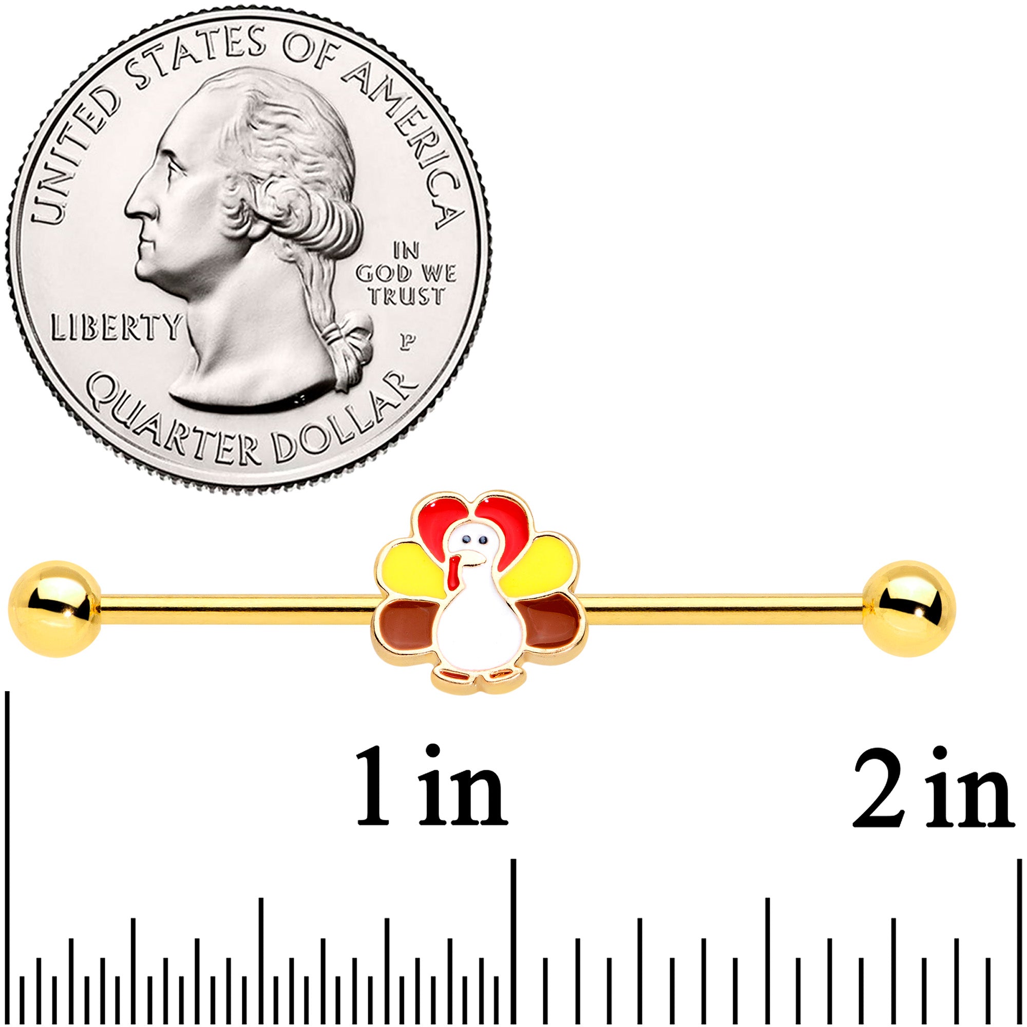 BodyCandy 14G Gold Tone Turkey Time Holiday Industrial Barbell 38mm — detail close-up