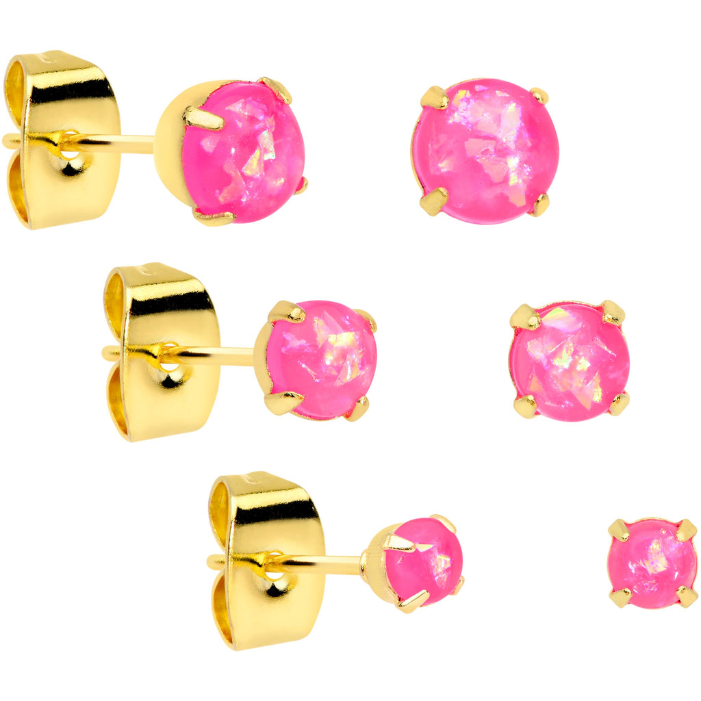 BodyCandy 20G Pink Faux Opal Gold Tone 3mm to 5mm Stud Earrings Set of 3 — main product shot