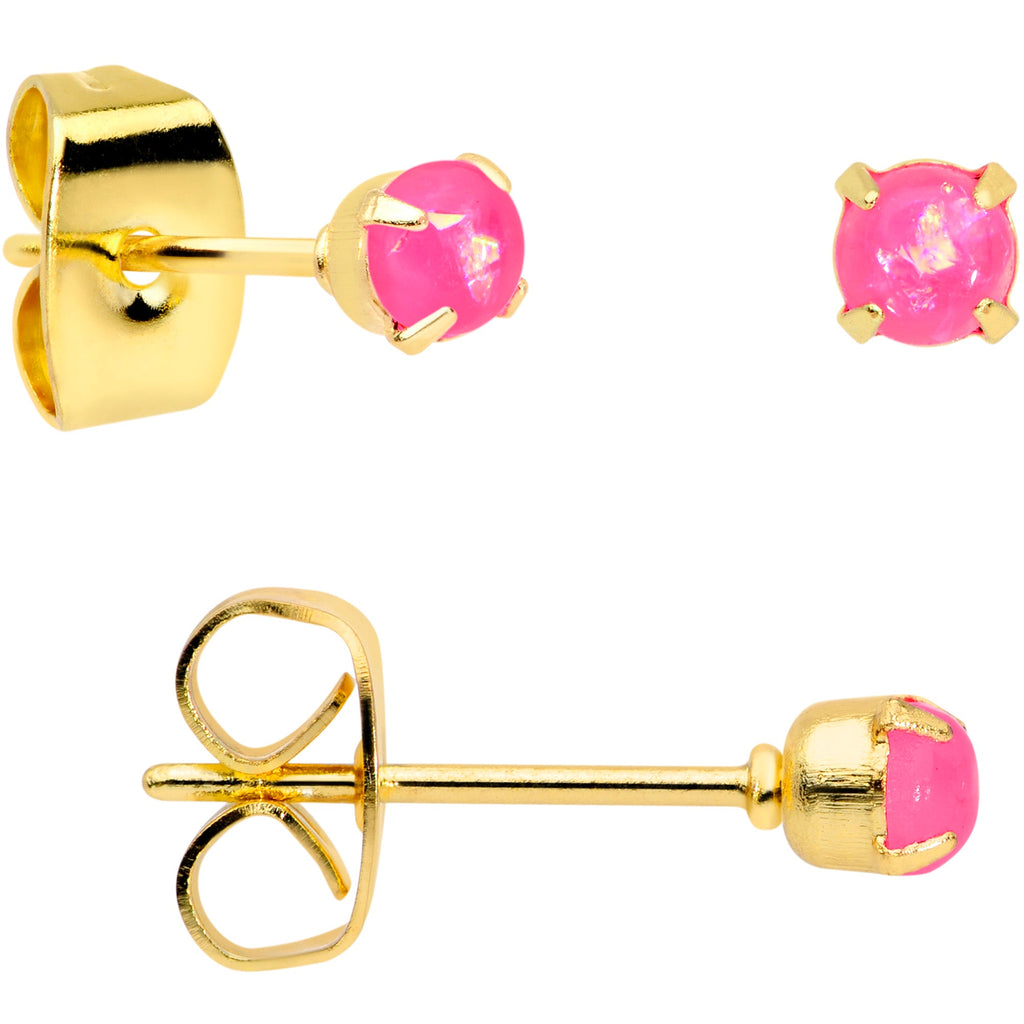 BodyCandy 20G Pink Faux Opal Gold Tone 3mm to 5mm Stud Earrings Set of 3 — side view