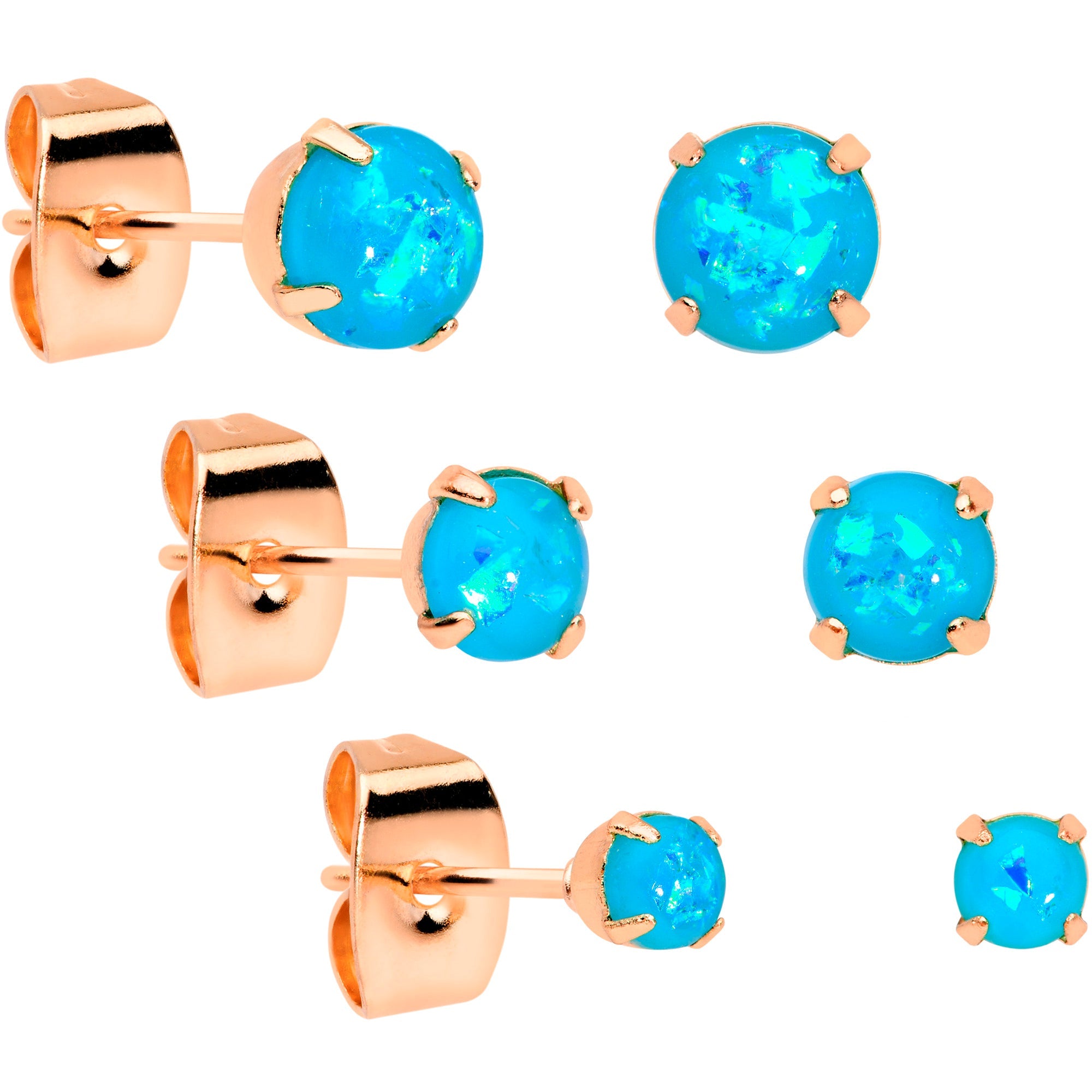 BodyCandy 20G Blue Faux Opal Rose Gold Tone 3mm 5mm Stud Earrings Set of 3 — main product shot