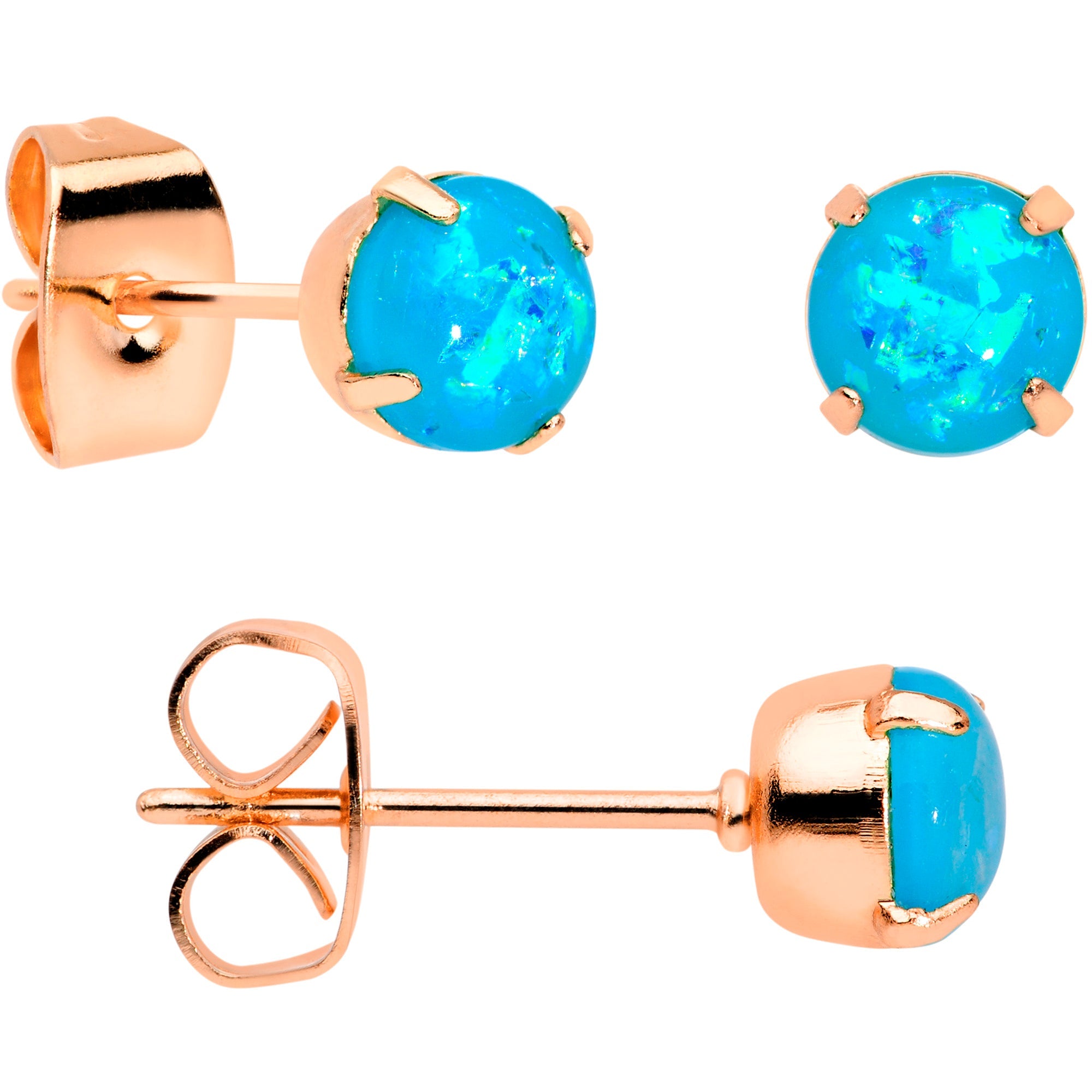 BodyCandy 20G Blue Faux Opal Rose Gold Tone 3mm 5mm Stud Earrings Set of 3 — detail close-up
