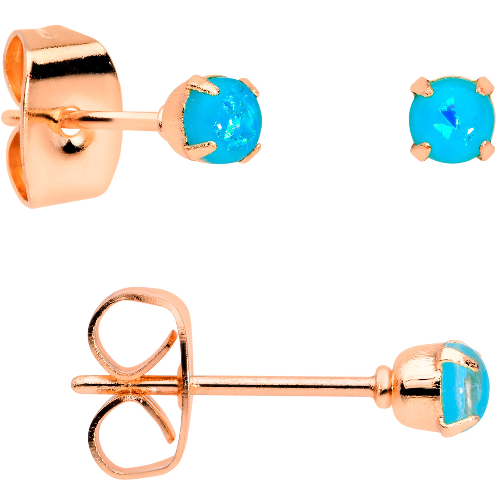 BodyCandy 20G Blue Faux Opal Rose Gold Tone 3mm 5mm Stud Earrings Set of 3 — side view